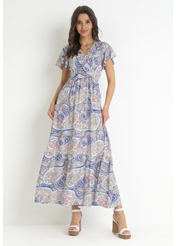 Granatowa Sukienka z Wiskozy w Etno Wzór z Gumką w Talii Munira ze sklepu Born2be Odzież w kategorii Sukienki - zdjęcie 157298150