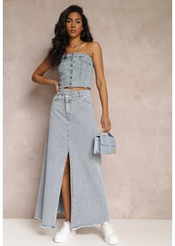 Jasnoniebieska Postrzępiona Spódnica Maxi z Jeansu z Rozcięciem Feedi ze sklepu Renee odzież w kategorii Spódnice - zdjęcie 157313232