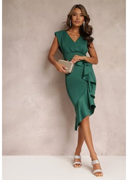 Zielona Asymetryczna Sukienka Midi z Kopertowym Dekoltem Zdobiona Falbaną Stephana ze sklepu Renee odzież w kategorii Sukienki - zdjęcie 157448624