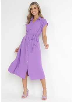 Fioletowa Sukienka Koszulowa Wiązana w Pasie z Krótkimi Rękawami Clairana ze sklepu Born2be Odzież w kategorii Sukienki - zdjęcie 157472744