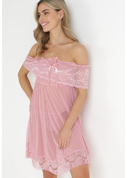 Różowa Przezroczysta Koszula Nocna z Koronkową Falbaną i Stringami Zainalia ze sklepu Born2be Odzież w kategorii Koszule nocne - zdjęcie 157472801