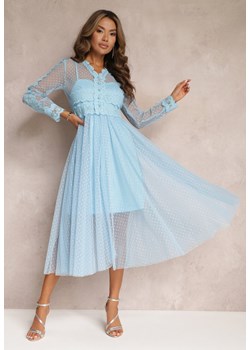 Niebieska Rozkloszowana Sukienka Midi z Tiulu z Koronką Rislaine ze sklepu Renee odzież w kategorii Sukienki - zdjęcie 157473214