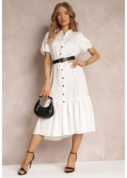 Biała Sukienka Midi z Ozdobną Falbanką i Dodatkowym Paskiem z Imitacji Skóry Charlotona ze sklepu Renee odzież w kategorii Sukienki - zdjęcie 157473234