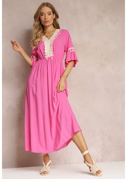 Fuksjowa Sukienka Maxi z Gumką w Talii z Ozdobnymi Chwostami z Wiskozy Zisel ze sklepu Renee odzież w kategorii Sukienki - zdjęcie 157473304