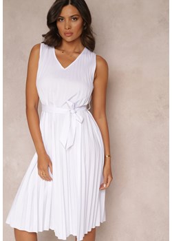 Biała Sukienka Midi z Plisowanej Tkaniny z Materiałowym Paskiem Eudoxia ze sklepu Renee odzież w kategorii Sukienki - zdjęcie 157473354
