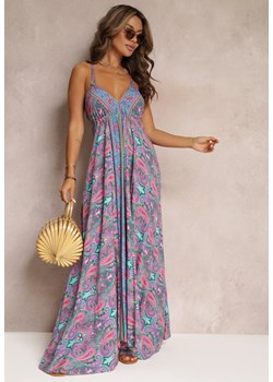Niebiesko-Różowa Rozkloszowana Sukienka z Wiskozy i Wiązaniem na Plecach Nshton ze sklepu Renee odzież w kategorii Sukienki - zdjęcie 157473374