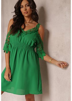 Zielona Rozkloszowana Sukienka Mini z Gumką w Talii i Hiszpańskimi Rękawami z Koronką Carolta ze sklepu Renee odzież w kategorii Sukienki - zdjęcie 157473484