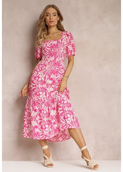 Fuksjowa Taliowana Sukienka Midi z Wiskozy w Kwiaty Alexanita ze sklepu Renee odzież w kategorii Sukienki - zdjęcie 157473514