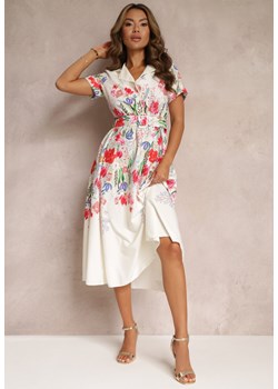 Beżowa Rozkloszowana Sukienka Koszulowa w Kwiaty z Paskiem Iosette ze sklepu Renee odzież w kategorii Sukienki - zdjęcie 157473604