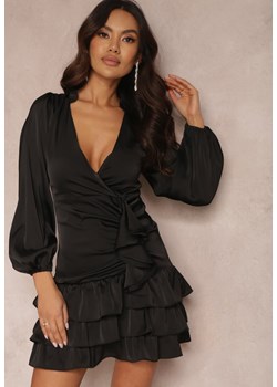 Czarna Sukienka Mini z Kopertowym Dekoltem i Falbankami Onnas ze sklepu Renee odzież w kategorii Sukienki - zdjęcie 157486503