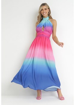 Niebieska Rozkloszowana Sukienka Maxi ze Stójką i Wycięciem Przy Dekolcie Gense ze sklepu Born2be Odzież w kategorii Sukienki - zdjęcie 157488403