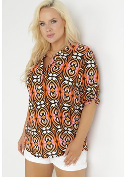 Pomarańczowo-Czarna Bluzka z Trójkątnym Dekoltem w Fantazyjny Print Leoda ze sklepu Born2be Odzież w kategorii Bluzki damskie - zdjęcie 157488453