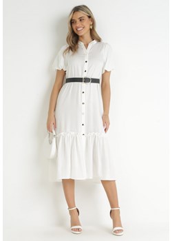 Biała Koszulowa Sukienka Midi z Falbanką i Paskiem z Klamerką Cadyjane ze sklepu Born2be Odzież w kategorii Sukienki - zdjęcie 157488513