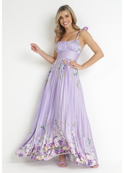 Fioletowa Sukienka Maxi na Ramiączkach z Cienkimi Gumkami i Plisowanym Dołem Sidona ze sklepu Born2be Odzież w kategorii Sukienki - zdjęcie 157488563