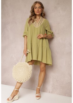 Zielona Rozkloszowana Sukienka Mini Ozdobiona Plecionką Przy Dekolcie Rufta ze sklepu Renee odzież w kategorii Sukienki - zdjęcie 157488834
