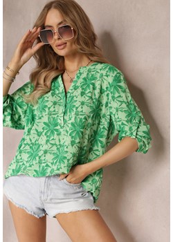 Zielona Bluzka w Kwiaty z Długim Rękawem Lnise ze sklepu Renee odzież w kategorii Bluzki damskie - zdjęcie 157489084
