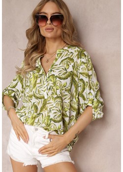 Zielona Bluzka z Guzikami przy Dekolcie i Roślinnym Printem Laylania ze sklepu Renee odzież w kategorii Bluzki damskie - zdjęcie 157489104