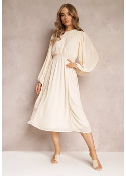 Beżowa Rozkloszowana Sukienka Midi z Gumkami w Talii i Koronką Ottillda ze sklepu Renee odzież w kategorii Sukienki - zdjęcie 157489144