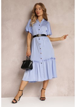 Niebieska Sukienka Midi z Ozdobną Falbanką i Dodatkowym Paskiem z Imitacji Skóry Charlotona ze sklepu Renee odzież w kategorii Sukienki - zdjęcie 157489164