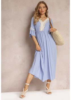 Niebieska Sukienka Maxi z Gumką w Talii z Ozdobnymi Chwostami z Wiskozy Zisel ze sklepu Renee odzież w kategorii Sukienki - zdjęcie 157489264
