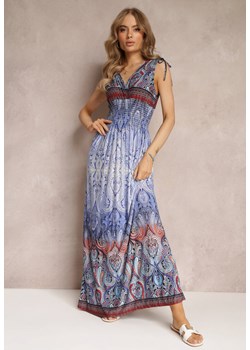 Niebieska Kopertowa Sukienka Maxi z Gumkami w Talii i Ściągaczami na Ramionach Hannele ze sklepu Renee odzież w kategorii Sukienki - zdjęcie 157489334