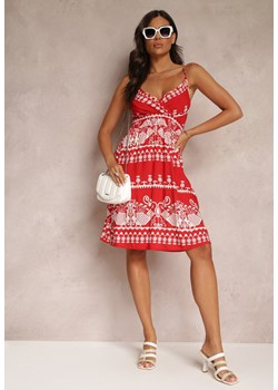 Czerwona Wiskozowa Sukienka z Gumką w Pasie w Etno Wzór Placenta ze sklepu Renee odzież w kategorii Sukienki - zdjęcie 157489420