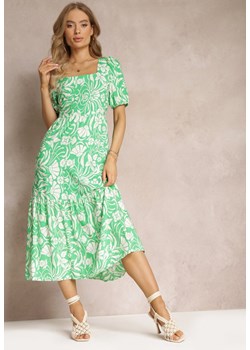 Jasnozielona Taliowana Sukienka Midi z Wiskozy w Kwiaty Alexanita ze sklepu Renee odzież w kategorii Sukienki - zdjęcie 157489444