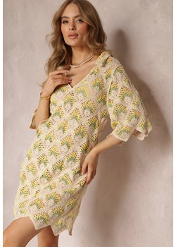 Beżowo-Zielona Szydełkowa Sukienka z Głębokim Dekoltem i Krótkim Rękawem z Bawełny Achla ze sklepu Renee odzież w kategorii Sukienki - zdjęcie 157494023