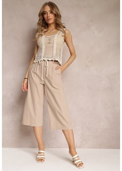 Beżowe Szerokie Spodnie Bawełniane 3/4 z Paskiem Daenarys ze sklepu Renee odzież w kategorii Spodnie damskie - zdjęcie 157494073