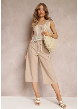 Beżowe Szerokie Spodnie Bawełniane 3/4 z Paskiem Daenarys ze sklepu Renee odzież w kategorii Spodnie damskie - zdjęcie 157494074