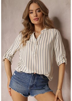 Jasnobeżowa Koszula z Wiskozy w Paski i Trójkątnym Dekoltem Serenta ze sklepu Renee odzież w kategorii Koszule damskie - zdjęcie 157494193