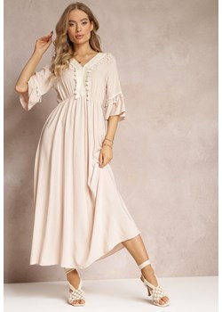 Beżowa Sukienka Maxi z Gumką w Talii z Ozdobnymi Chwostami z Wiskozy Zisel ze sklepu Renee odzież w kategorii Sukienki - zdjęcie 157494253