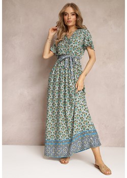 Miętowo-Zielona Sukienka Maxi z Paskiem i Gumką w Talii w Ornamentalny Wzór Calvim ze sklepu Renee odzież w kategorii Sukienki - zdjęcie 157494283
