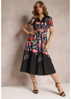 Czarna Rozkloszowana Sukienka Koszulowa w Kwiaty z Paskiem Iosette ze sklepu Renee odzież w kategorii Sukienki - zdjęcie 157494313