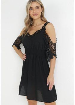 Czarna Sukienka Mini Hiszpanka na Ramiączkach z Koronkowymi Rękawami i Gumką w Pasie Giovati ze sklepu Born2be Odzież w kategorii Sukienki - zdjęcie 157494471