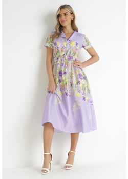 Fioletowa Koszulowa Sukienka w Kwiaty z Paskiem Islaine ze sklepu Born2be Odzież w kategorii Sukienki - zdjęcie 157494481