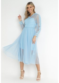 Niebieska Tiulowa Sukienka Midi z Koronkowymi Tasiemkami i Długimi Rękawami Kabienne ze sklepu Born2be Odzież w kategorii Sukienki - zdjęcie 157499071