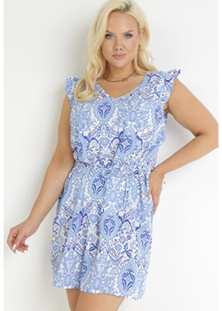Niebieska Kwiecista Sukienka Mini z Materiałowym Paskiem i Falbankami Caidin ze sklepu Born2be Odzież w kategorii Sukienki - zdjęcie 157499121