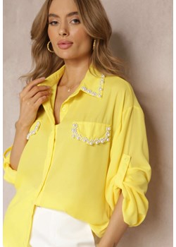 Żółta Koszula z Perełkami przy Kołnierzu i Kieszeniach Dieudonne ze sklepu Renee odzież w kategorii Koszule damskie - zdjęcie 157514762