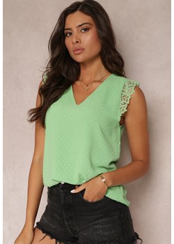 Zielona Bluzka Top z Tkaniny Plumeti z Ozdobną Koronką Caliya ze sklepu Renee odzież w kategorii Bluzki damskie - zdjęcie 157514852