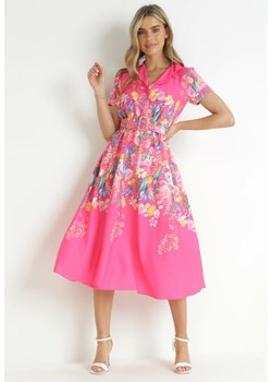 Różowa Koszulowa Sukienka w Kwiaty z Paskiem Islaine ze sklepu Born2be Odzież w kategorii Sukienki - zdjęcie 157515461