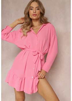 Różowa Sukienka Koszulowa z Falbanką i Wiązanym Paskiem Neitra ze sklepu Renee odzież w kategorii Sukienki - zdjęcie 157520080