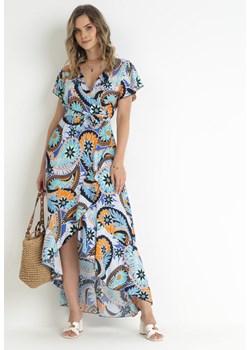 Niebiesko-Granatowa Bawełniana Sukienka Maxi z Kopertowym Dekoltem i Materiałowym Paskiem Nadalynn ze sklepu Born2be Odzież w kategorii Sukienki - zdjęcie 157523500