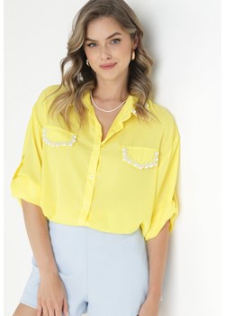 Żółta Koszula z Podpinanymi Rękawami i Perełkami Dorval ze sklepu Born2be Odzież w kategorii Koszule damskie - zdjęcie 157540540
