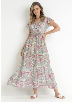 Fuksjowa Sukienka z Wiskozy w Etno Wzór z Gumką w Talii Munira ze sklepu Born2be Odzież w kategorii Sukienki - zdjęcie 157540940