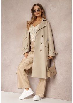 Jasnobeżowy Dwurzędowy Płaszcz z Imitacji Skóry z Paskiem Dyrine ze sklepu Renee odzież w kategorii Płaszcze damskie - zdjęcie 157551163