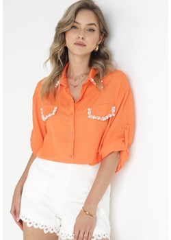 Pomarańczowa Koszula z Podpinanymi Rękawami i Perełkami Dorval ze sklepu Born2be Odzież w kategorii Koszule damskie - zdjęcie 157551244