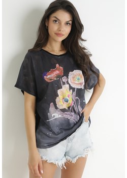 Czarny Bawełniany T-shirt z Błyszczącym Nadrukiem Aseda ze sklepu Born2be Odzież w kategorii Bluzki damskie - zdjęcie 157551574