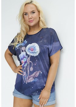 Granatowy Bawełniany T-shirt z Błyszczącym Nadrukiem Aseda ze sklepu Born2be Odzież w kategorii Bluzki damskie - zdjęcie 157551584
