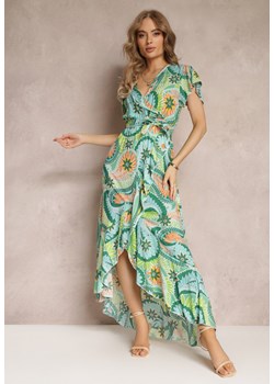 Zielona Kopertowa Sukienka Maxi z Materiałowym Paskiem i Gumką w Talii z Bawełny Alyn ze sklepu Renee odzież w kategorii Sukienki - zdjęcie 157585183
